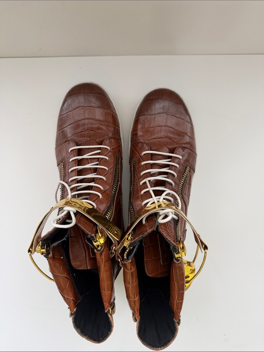 Brown Croc-Embossed High-Top Sneakers with Gold Accent - Picture 3 of 6